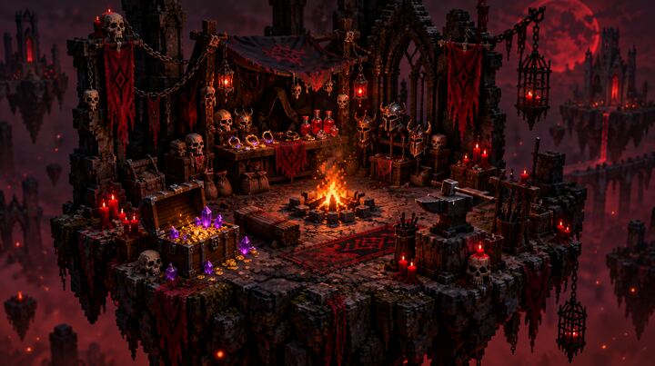 A grim camp in the ruins with a campfire and a black-market stall